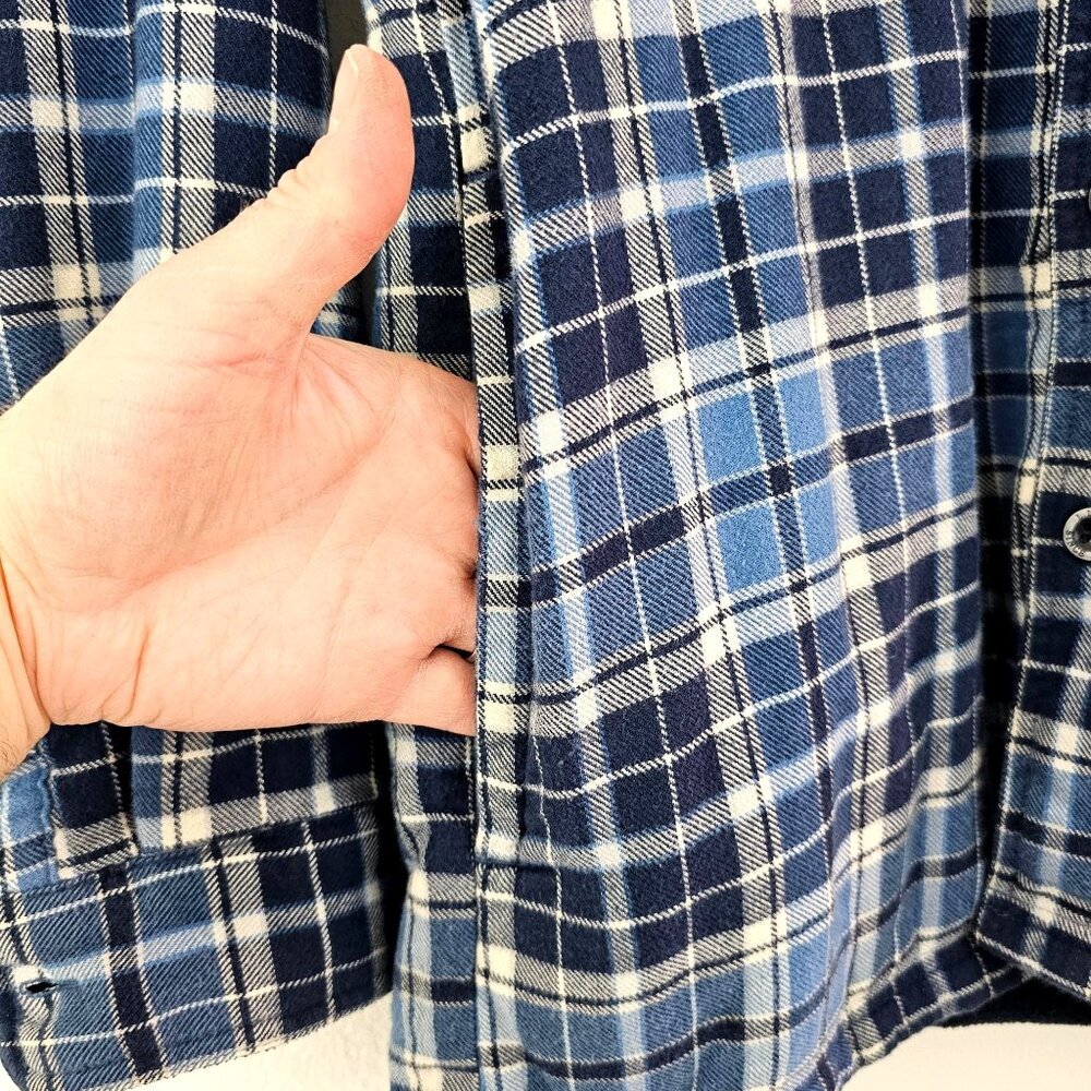 LL Bean Mens S Blue Plaid Fleece Lined Flannel Heavy Button Down Shirt Shacket - Picture 2 of 10